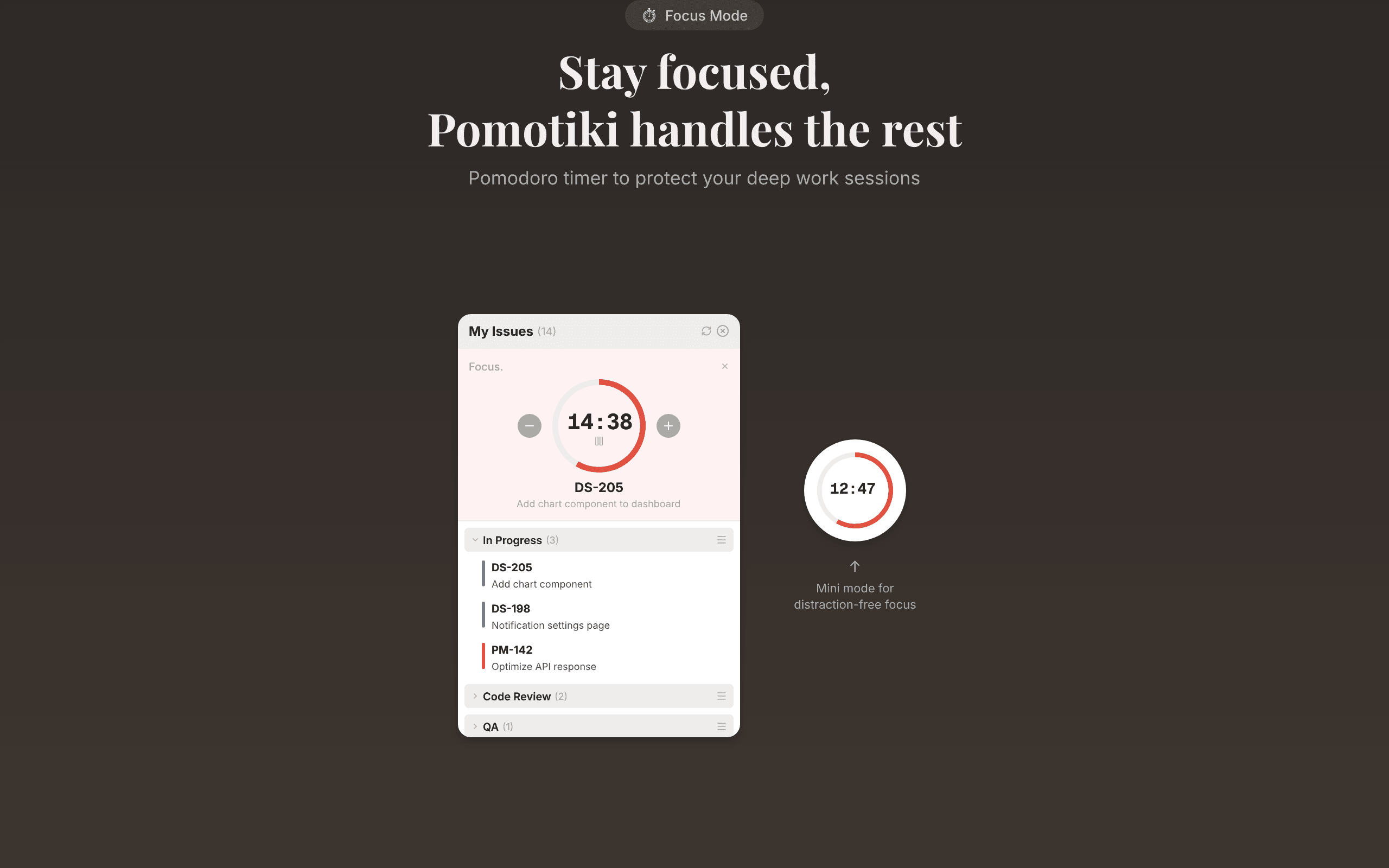 Pomotiki focus timer - 25-minute Pomodoro sessions with mini mode
