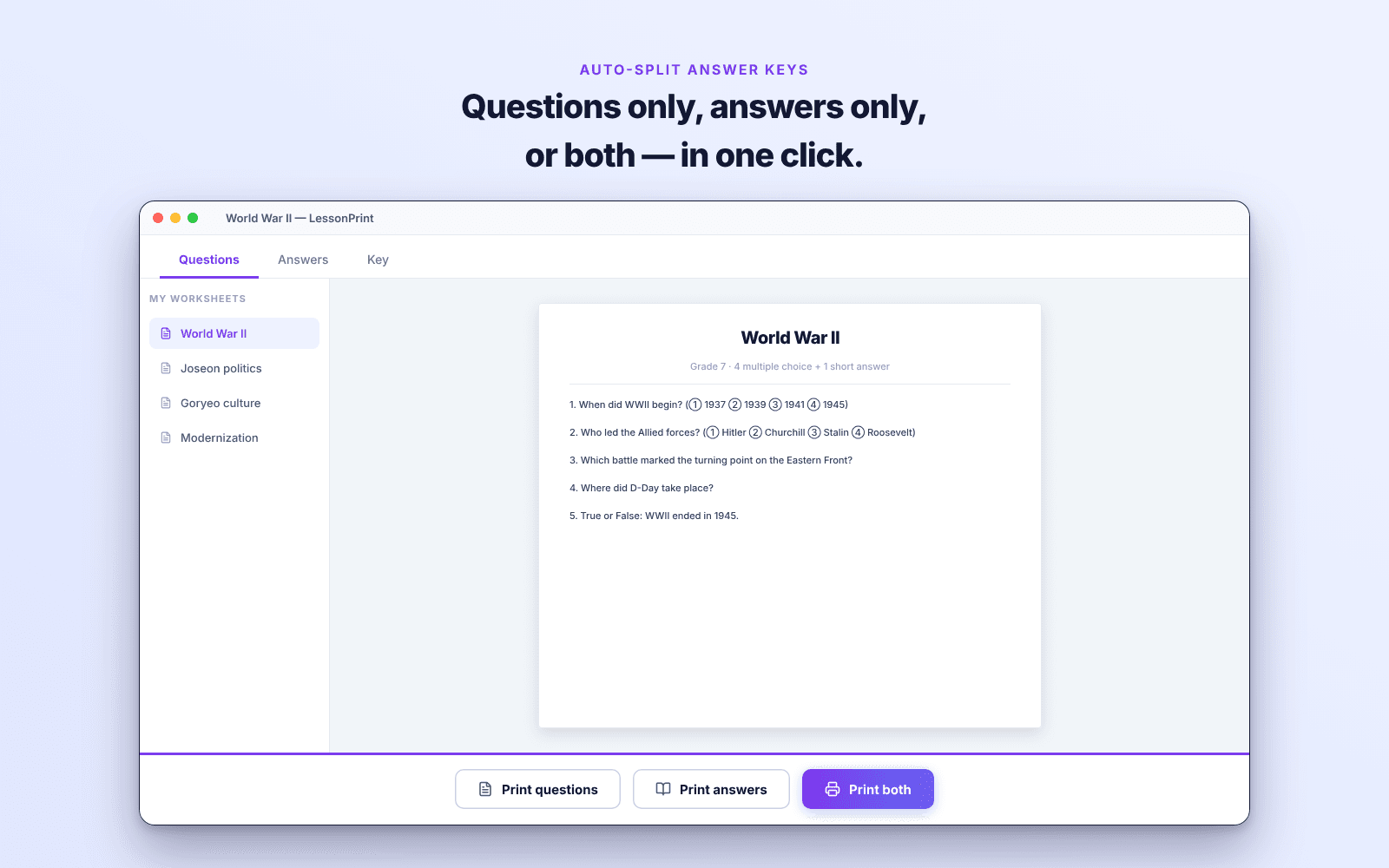 LessonPrint auto-split answer keys with tabs for questions, answers, and key