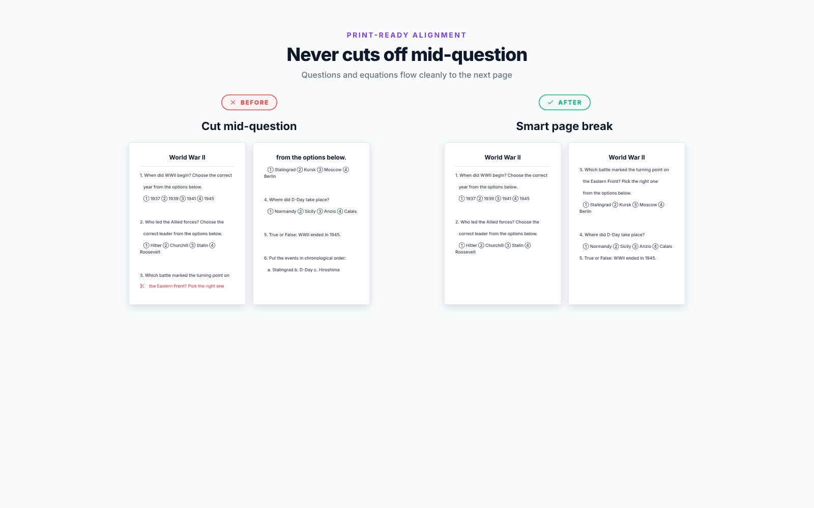 LessonPrint smart page breaks - before and after comparison